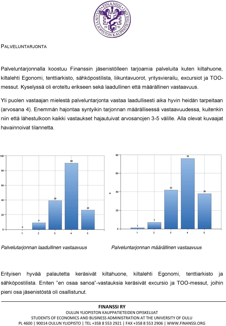 Yli puolen vastaajan mielestä palveluntarjonta vastaa laadullisesti aika hyvin heidän tarpeitaan (arvosana 4).