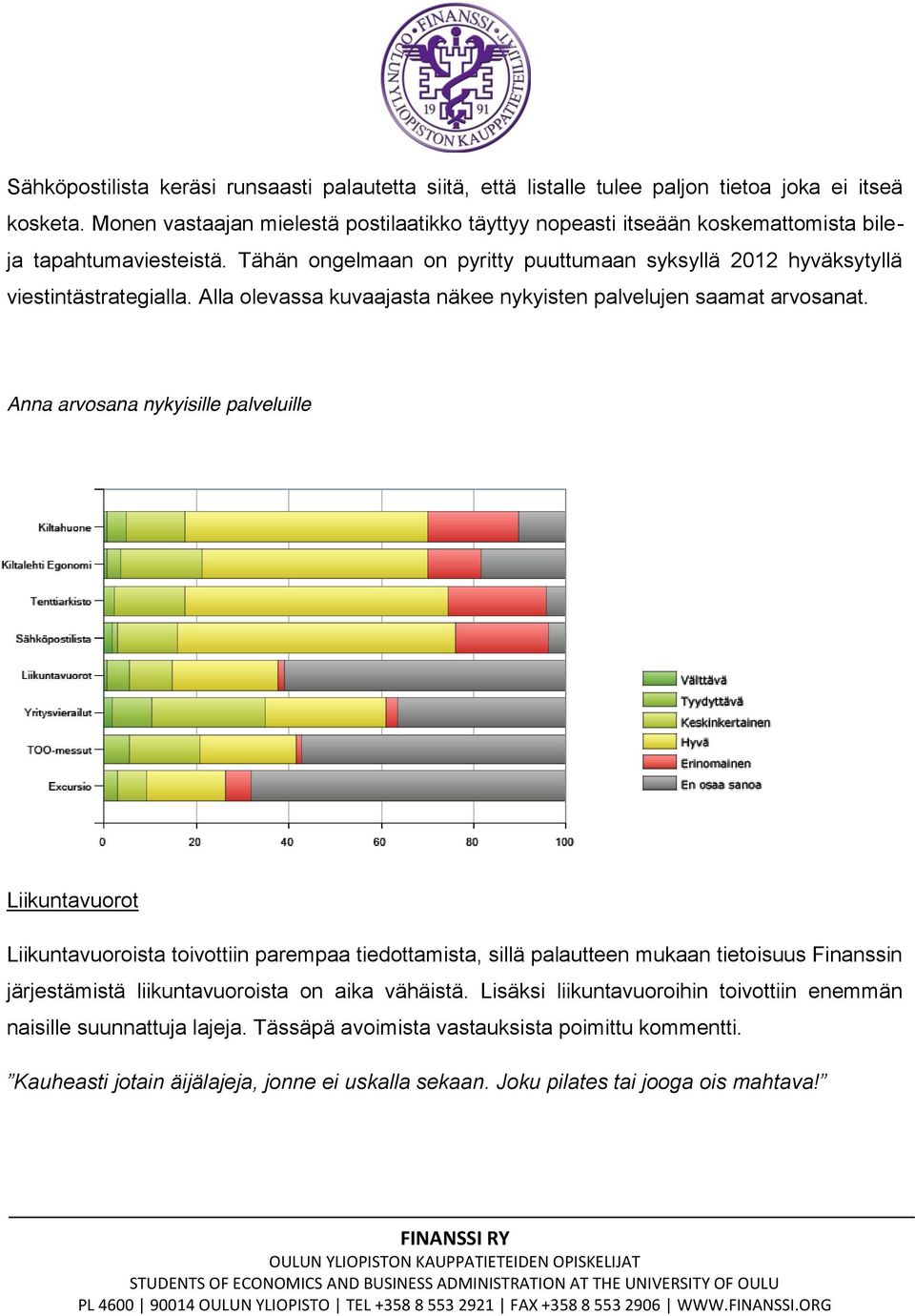 Tähän ongelmaan on pyritty puuttumaan syksyllä 2012 hyväksytyllä viestintästrategialla. Alla olevassa kuvaajasta näkee nykyisten palvelujen saamat arvosanat.