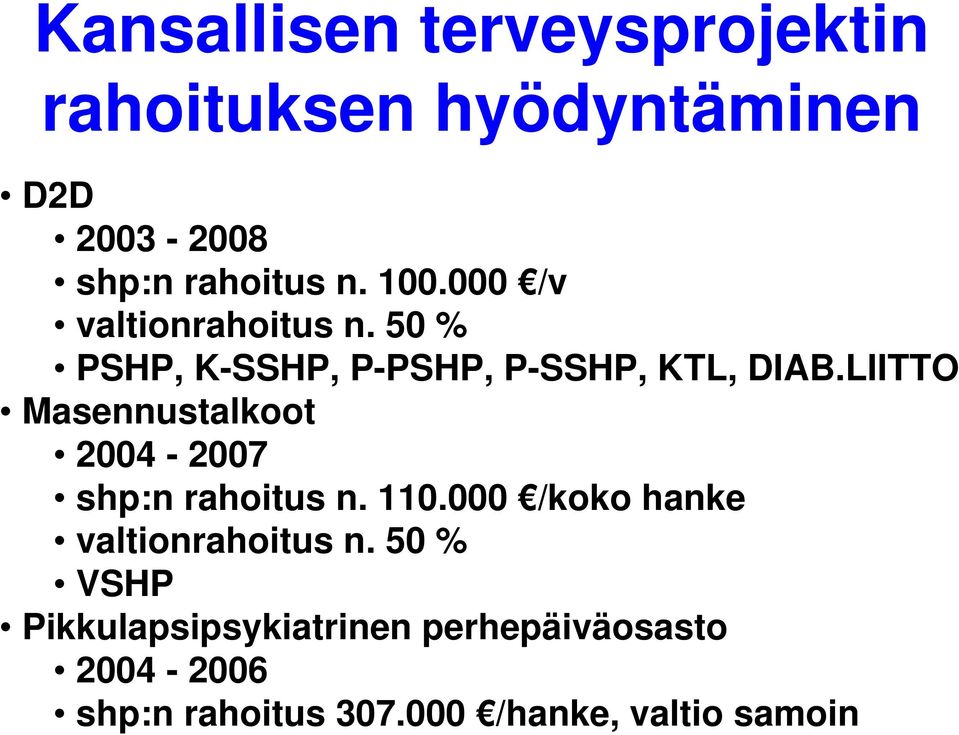 LIITTO Masennustalkoot 2004-2007 shp:n rahoitus n. 110.000 /koko hanke valtionrahoitus n.