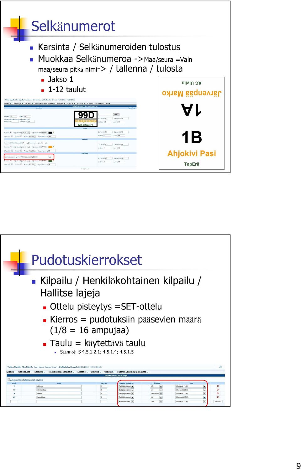 Henkilökohtainen kilpailu / Hallitse lajeja Ottelu pisteytys =SET-ottelu Kierros =