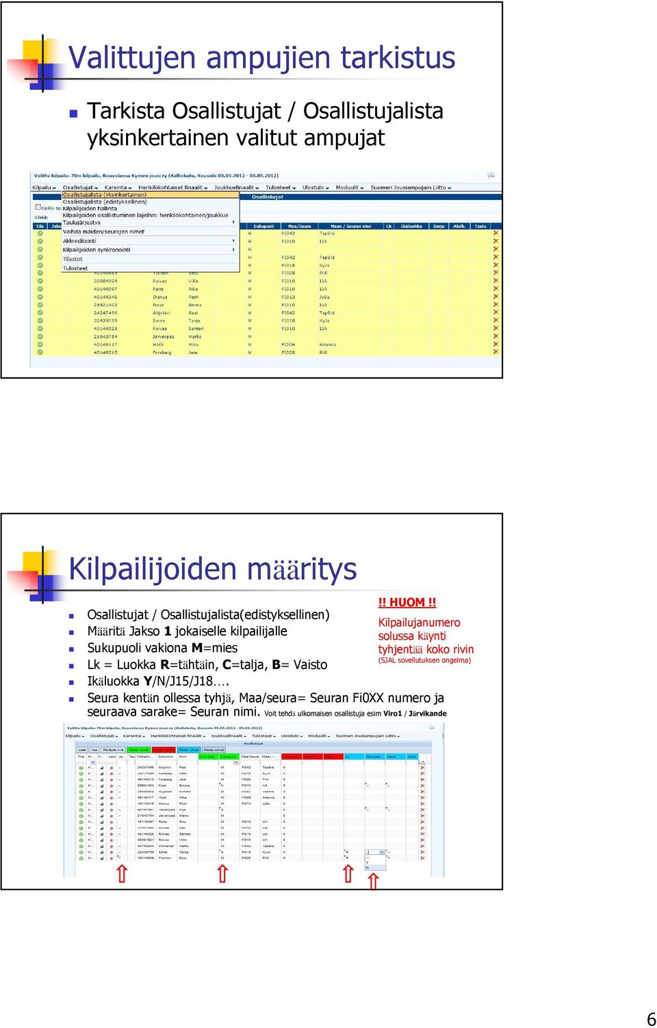 vakiona M=mies tyhjentää koko rivin (SJAL sovellutuksen ongelma) Lk = Luokka R=tähtäin, C=talja, B= Vaisto Ikäluokka Y/N/J15/J18.