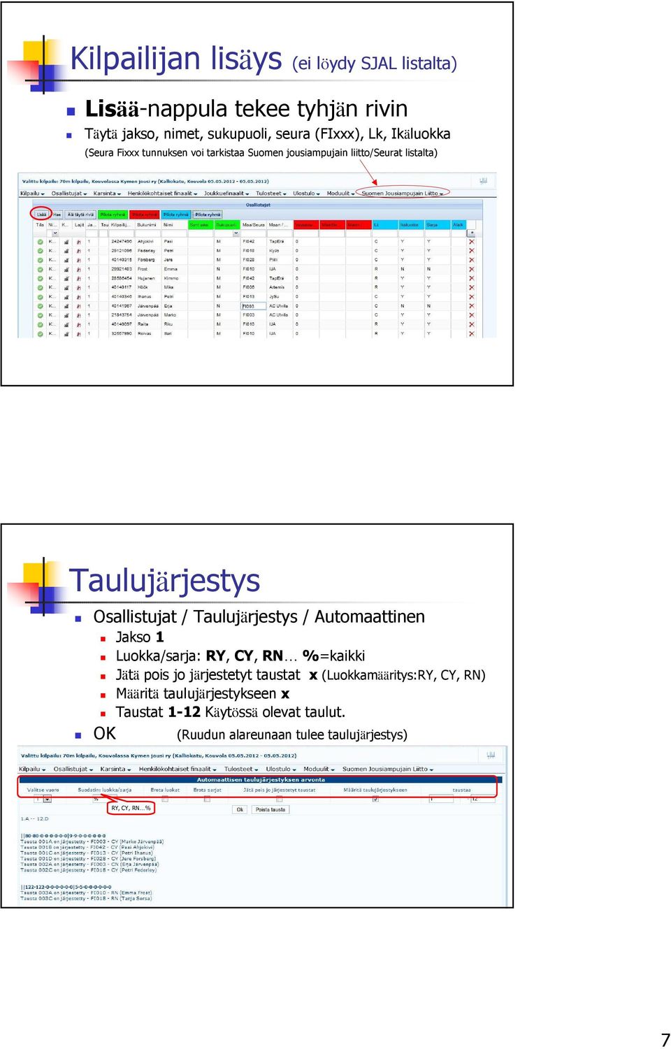 Taulujärjestys / Automaattinen Jakso 1 Luokka/sarja: RY, CY, RN %=kaikki Jätä pois jo järjestetyt taustat x (Luokkamääritys:RY,