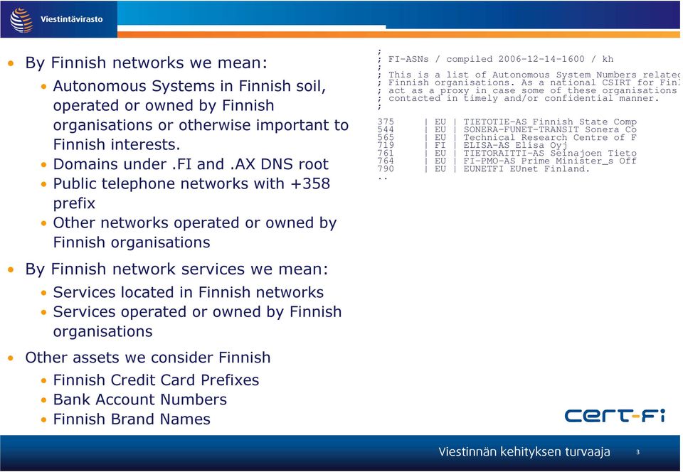 operated or owned by Finnish organisations ; ; FI-ASNs / compiled 2006-12-14-1600 / kh ; ; This is a list of Autonomous System Numbers related to F ; Finnish organisations.