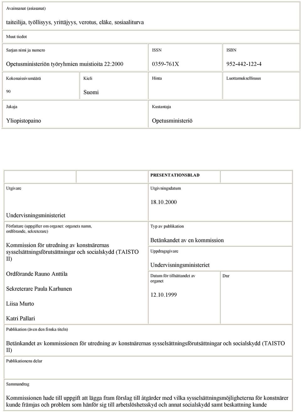 2000 Undervisningsministeriet Författare (uppgifter om organet: organets namn, ordförande, sekreterare) Kommission för utredning av konstnärernas sysselsättningsförutsättningar och socialskydd