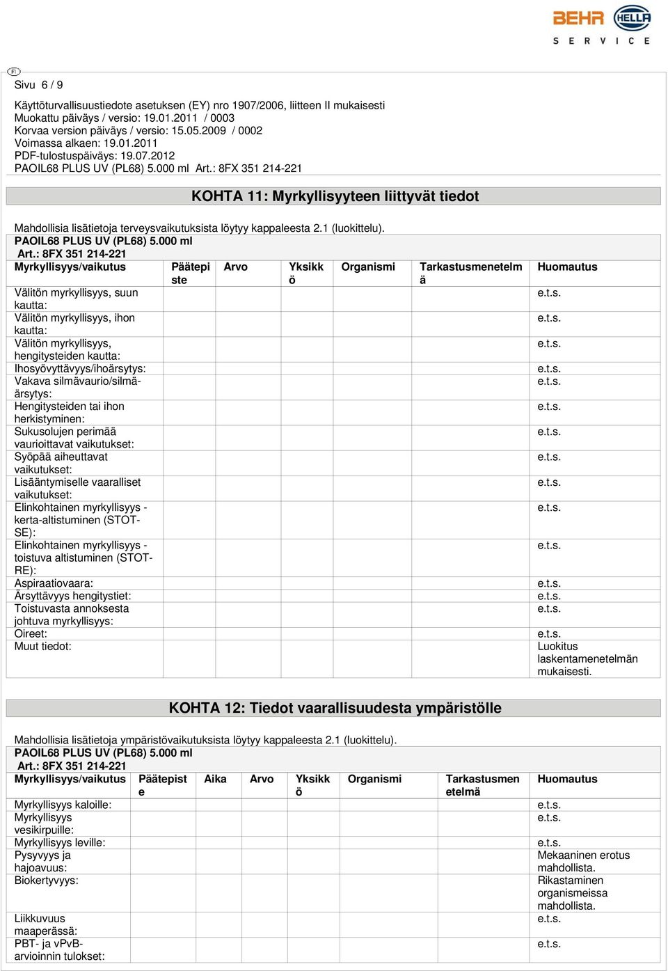 silmävaurio/silmäärsytys: Hengitysteiden tai ihon herkistyminen: Sukusolujen perimää vaurioittavat vaikutukset: Syöpää aiheuttavat vaikutukset: Lisääntymiselle vaaralliset vaikutukset: Elinkohtainen