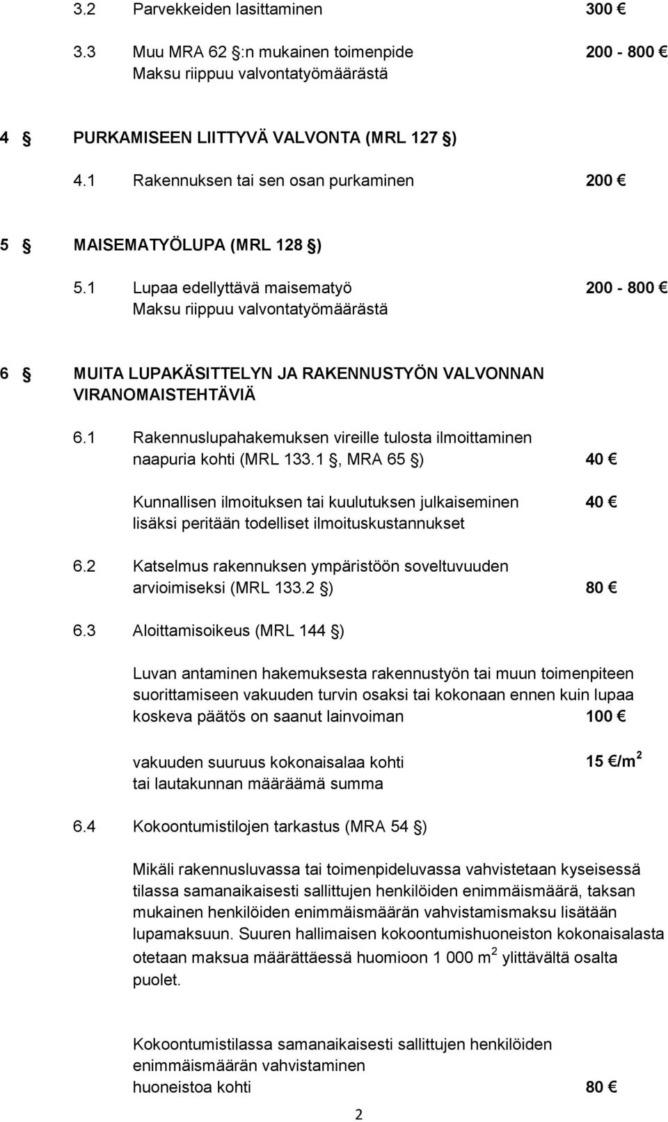 1 Lupaa edellyttävä maisematyö 200-800 Maksu riippuu valvontatyömäärästä 6 MUITA LUPAKÄSITTELYN JA RAKENNUSTYÖN VALVONNAN VIRANOMAISTEHTÄVIÄ 6.