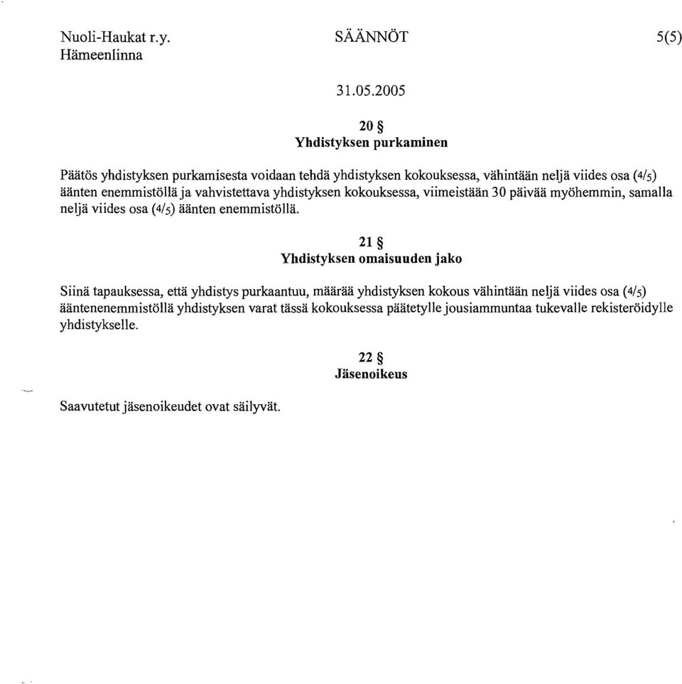 21 Yhdistyksen omaisuuden jako Siinä tapauksessa, että yhdistys purkaantuu, määrää yhdistyksen kokous vähintään neljä viides osa (4/5)