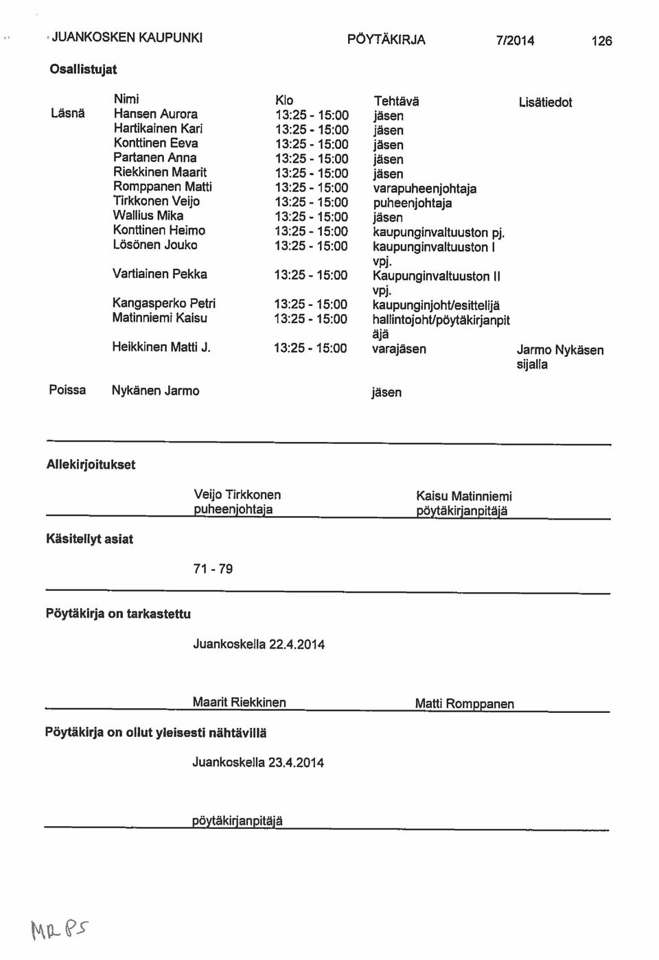 15:00 Nimi Kb Tehtava Lisatiedot Osallistujat poytakirjanpitaja Juankoskella 23.4.