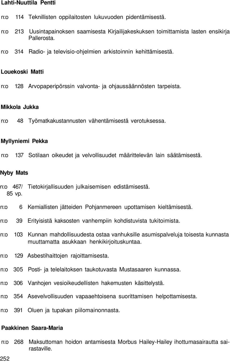 Mikkola Jukka 48 Työmatkakustannusten vähentämisestä verotuksessa. Myllyniemi Pekka 137 Sotilaan oikeudet ja velvollisuudet määrittelevän lain säätämisestä.