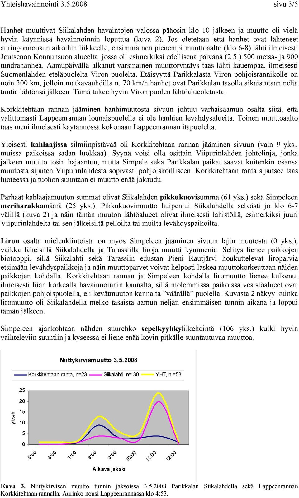 edellisenä päivänä (2.5.) 5 metsä- ja 9 tundrahanhea. Aamupäivällä alkanut varsinainen muuttoryntäys taas lähti kauempaa, ilmeisesti Suomenlahden eteläpuolelta Viron puolelta.