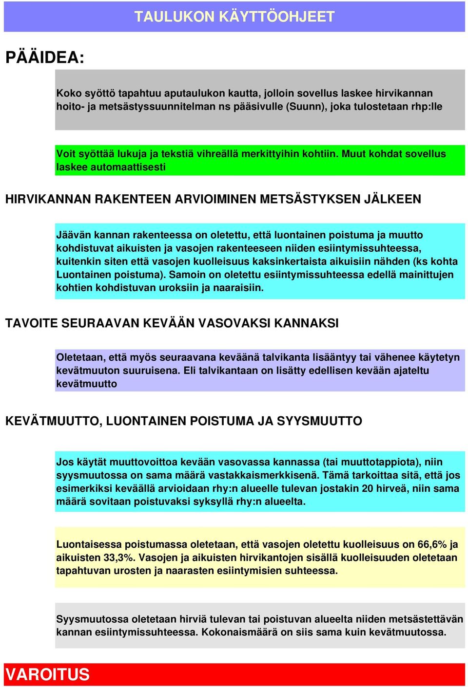 Muut kohdat sovellus laskee automaattisesti HIRVIKANNAN RAKENTEEN ARVIOIMINEN METSÄSTYKSEN JÄLKEEN Jäävän kannan rakenteessa on oletettu, että luontainen poistuma ja muutto kohdistuvat aikuisten ja