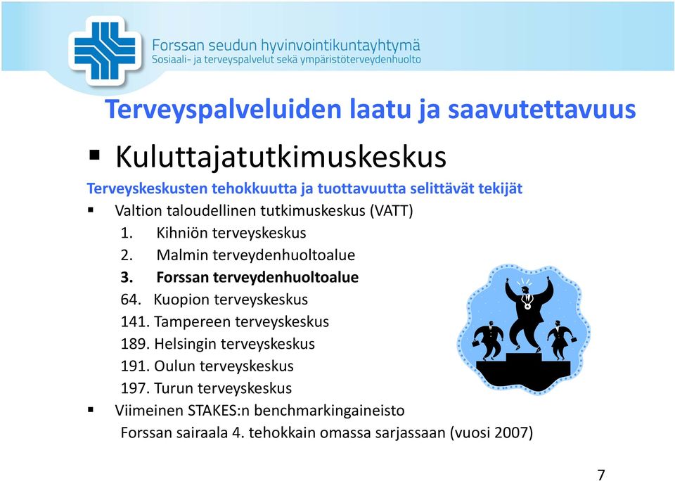 Forssan terveydenhuoltoalue 64. Kuopion terveyskeskus 141. Tampereen terveyskeskus 189. Helsingin terveyskeskus 191.
