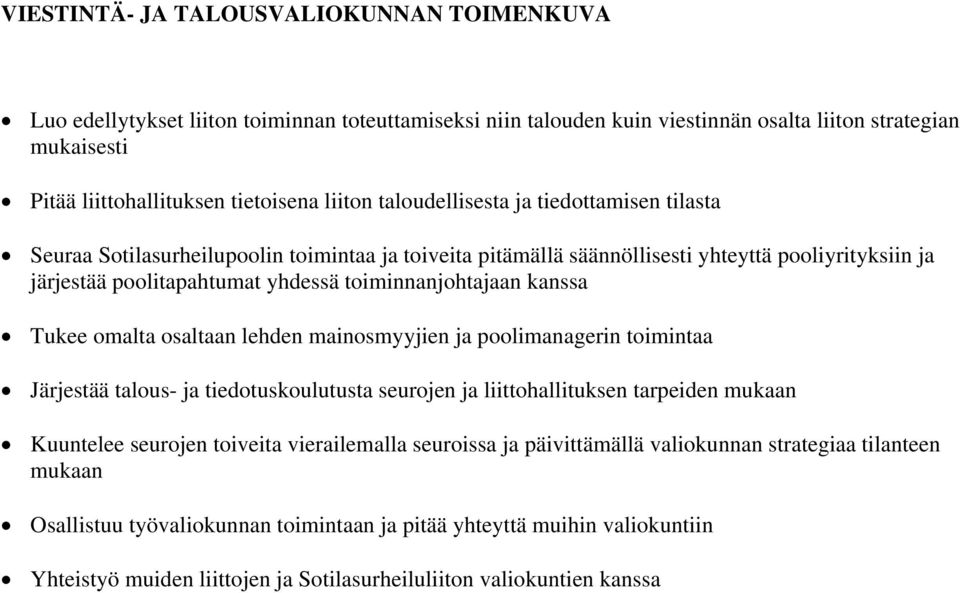 toiminnanjohtajaan kanssa Tukee omalta osaltaan lehden mainosmyyjien ja poolimanagerin toimintaa Järjestää talous- ja tiedotuskoulutusta seurojen ja liittohallituksen tarpeiden mukaan Kuuntelee