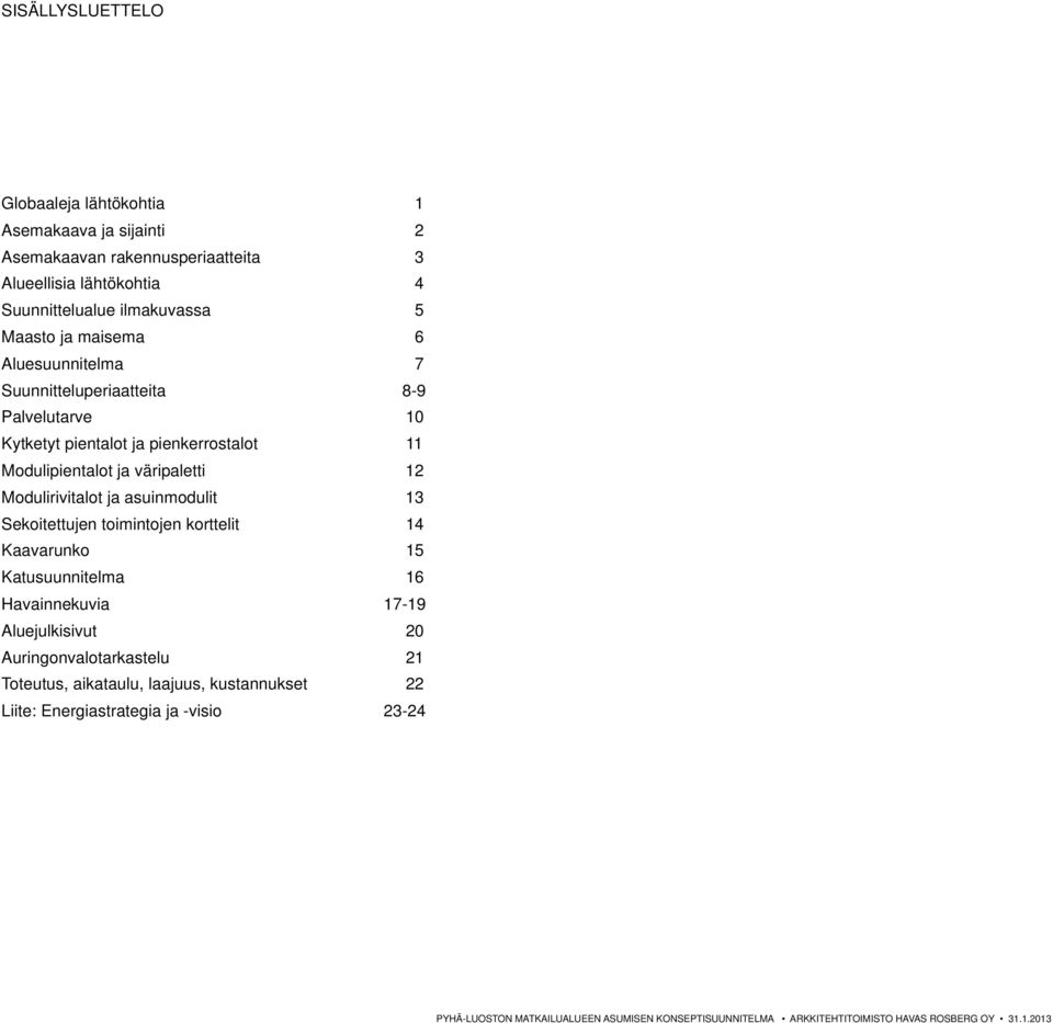 pienkerrostalot 11 Modulipientalot ja väripaletti 12 Modulirivitalot ja asuinmodulit 13 Sekoitettujen toimintojen korttelit 14 Kaavarunko 15