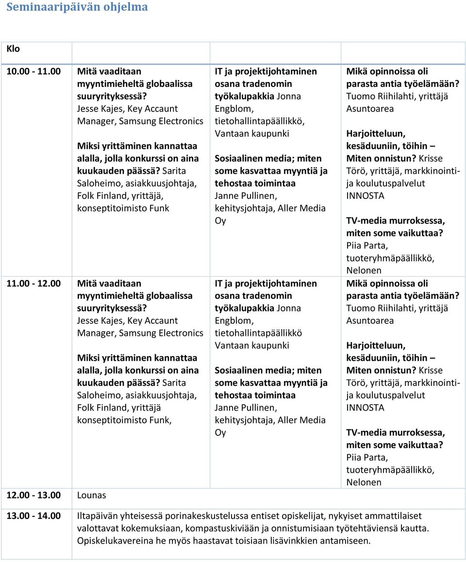 Sarita Saloheimo, asiakkuusjohtaja, Folk Finland, yrittäjä, konseptitoimisto Funk 11.00-12.00 Mitä vaaditaan myyntimieheltä globaalissa suuryrityksessä?