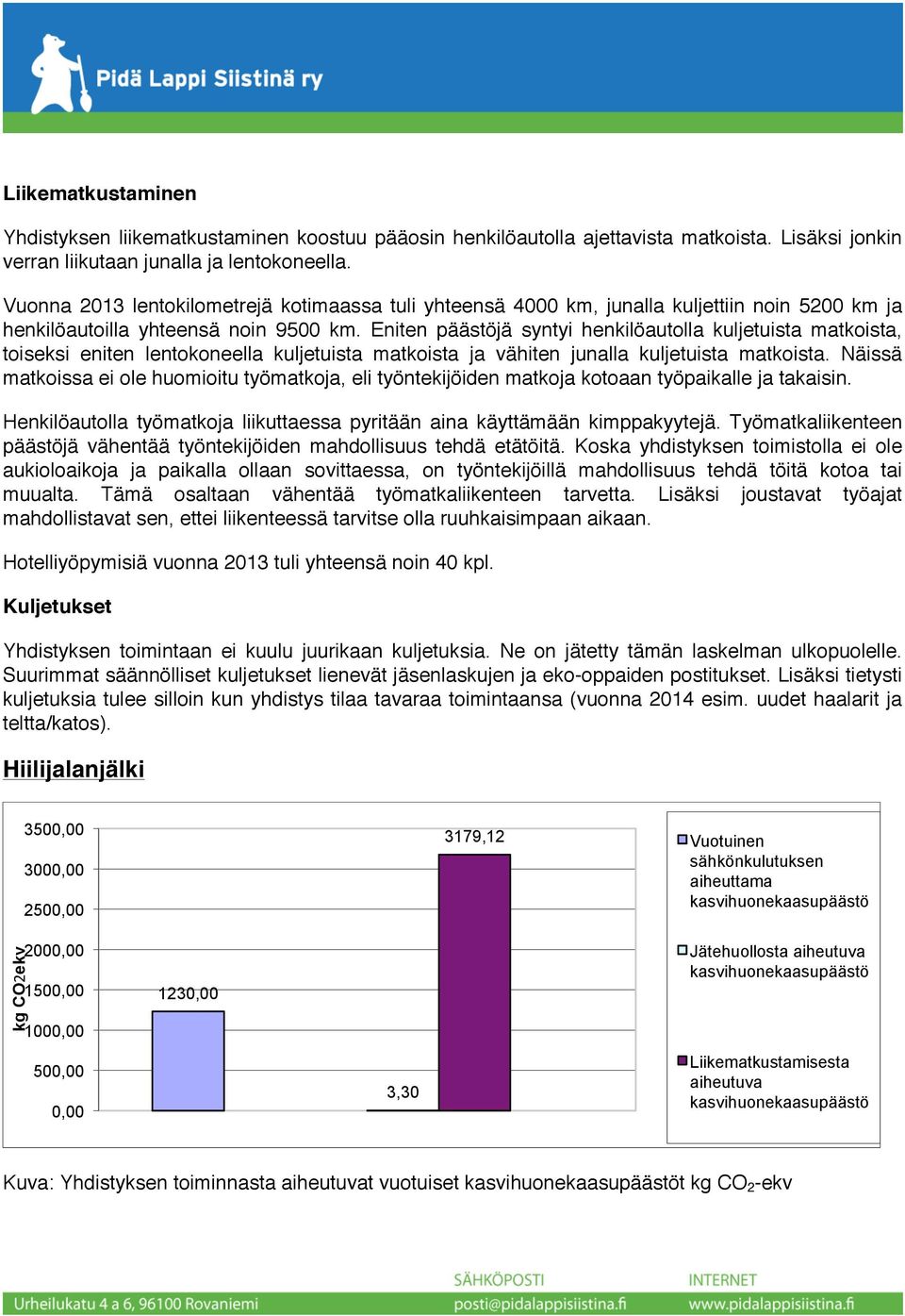 Eniten päästöjä syntyi henkilöautolla kuljetuista matkoista, toiseksi eniten lentokoneella kuljetuista matkoista ja vähiten junalla kuljetuista matkoista.