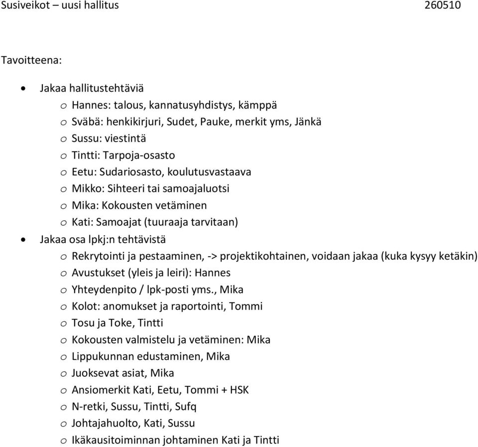 ja pestaaminen, -> projektikohtainen, voidaan jakaa (kuka kysyy ketäkin) o Avustukset (yleis ja leiri): Hannes o Yhteydenpito / lpk-posti yms.