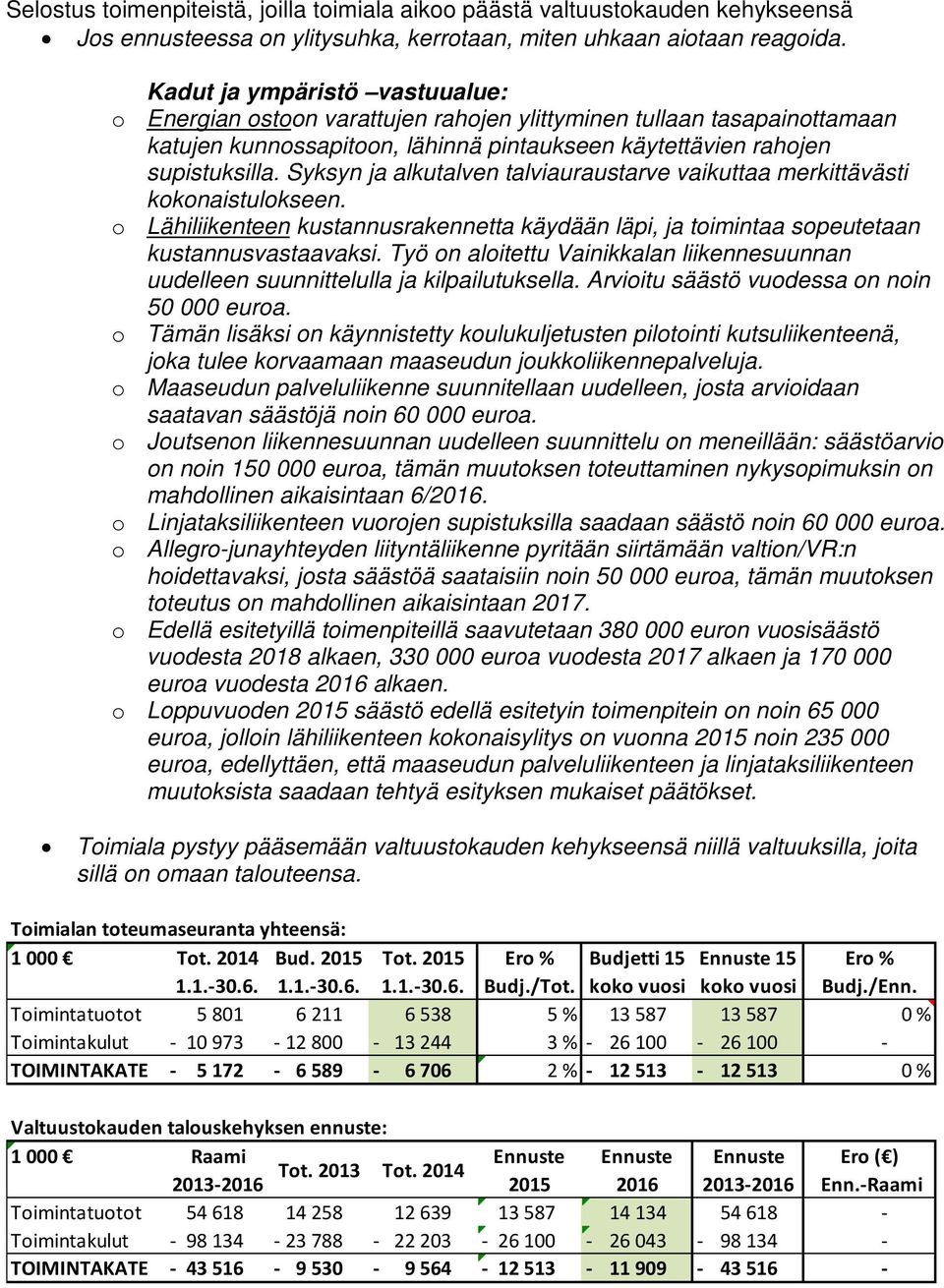 Syksyn ja alkutalven talviauraustarve vaikuttaa merkittävästi kokonaistulokseen. o Lähiliikenteen kustannusrakennetta käydään läpi, ja toimintaa sopeutetaan kustannusvastaavaksi.