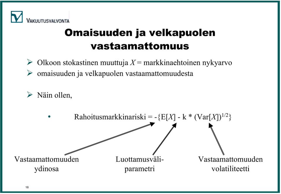 Näin ollen, Rahoitusmarkkinariski = -{E[X] - k * (Var[X]) 1/2 }