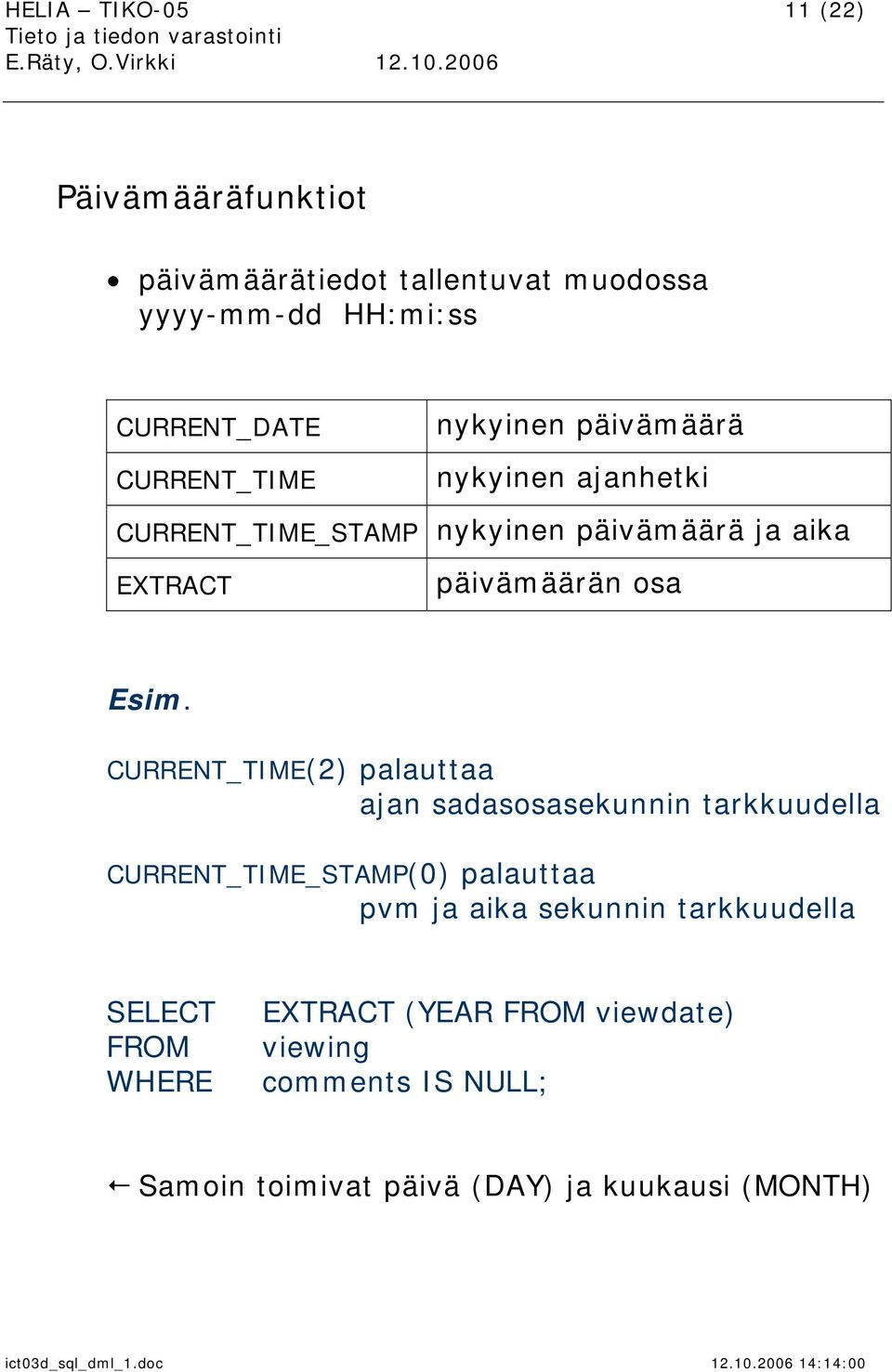 päivämäärän osa Esim.