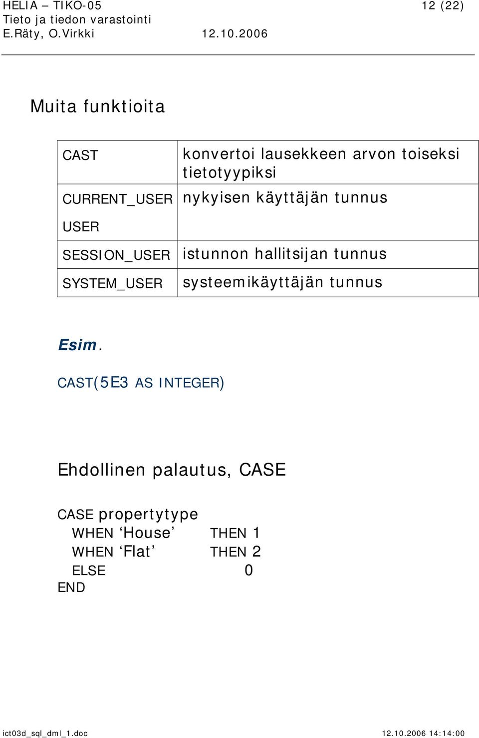 hallitsijan tunnus SYSTEM_USER systeemikäyttäjän tunnus Esim.