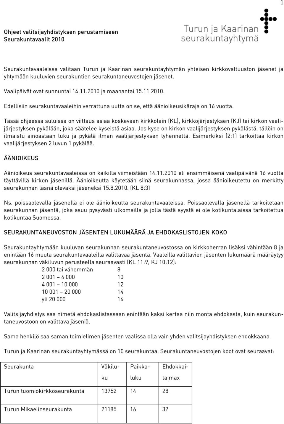 Tässä ohjeessa suluissa on viittaus asiaa koskevaan kirkkolain (KL), kirkkojärjestyksen (KJ) tai kirkon vaalijärjestyksen pykälään, joka säätelee kyseistä asiaa.