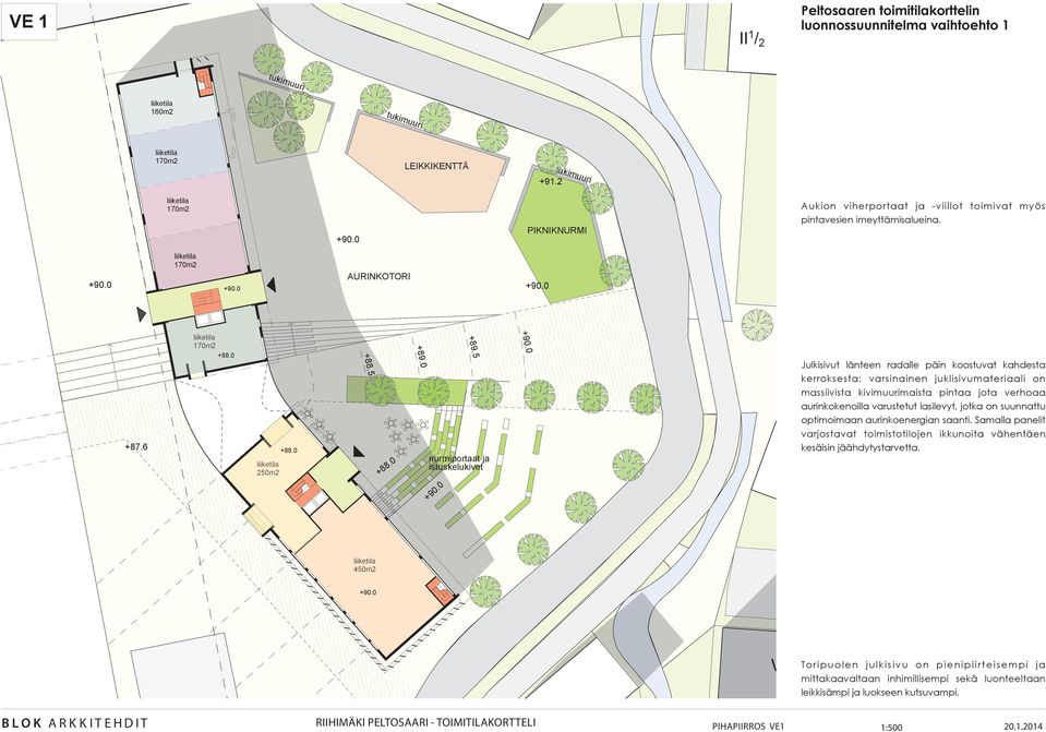 0 170m2 Julkisivut länteen radalle päin koostuvat kahdesta kerroksesta: varsinainen juklisivumateriaali on massiivista kivimuurimaista pintaa jota verhoaa aurinkokenoilla varustetut lasilevyt, jotka