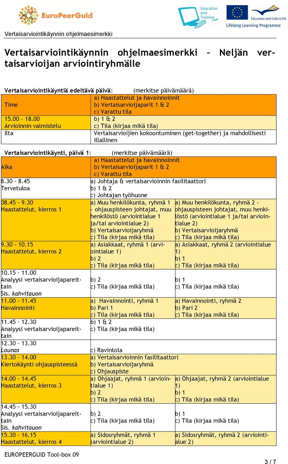 tila 8.30 8.45 a) Johtaja & vertaisarvioinnin fasilitaattori Tervetuloa 1 & 2 08.45 9.30 Haastattelut, kierros 1 9.30-10.15 Haastattelut, kierros 2 vertaisarvioijapareittain Sis. kahvitauon 11.00 11.