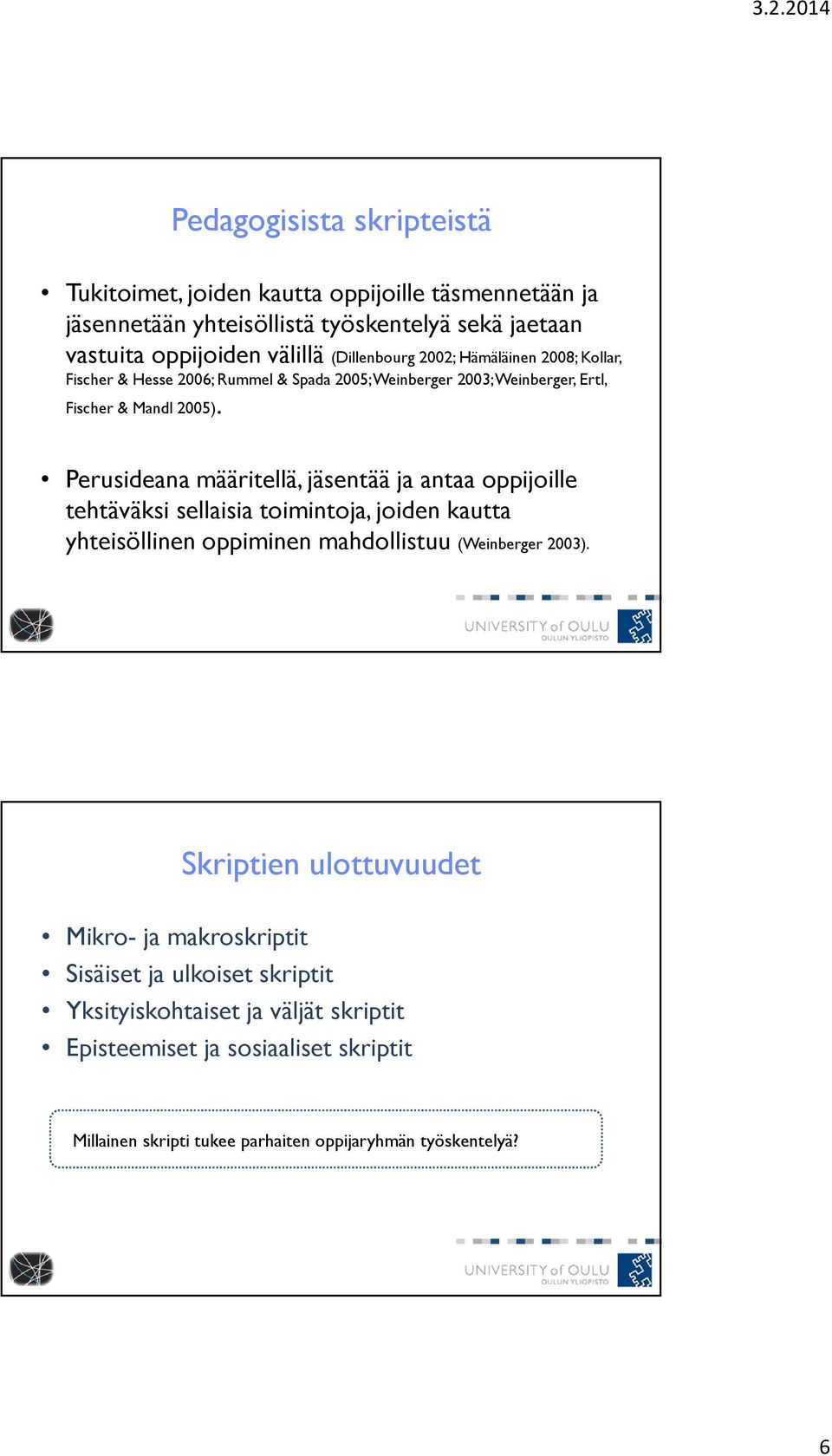 Perusideana määritellä, jäsentää ja antaa oppijoille tehtäväksi sellaisia toimintoja, joiden kautta yhteisöllinen oppiminen mahdollistuu (Weinberger 2003).