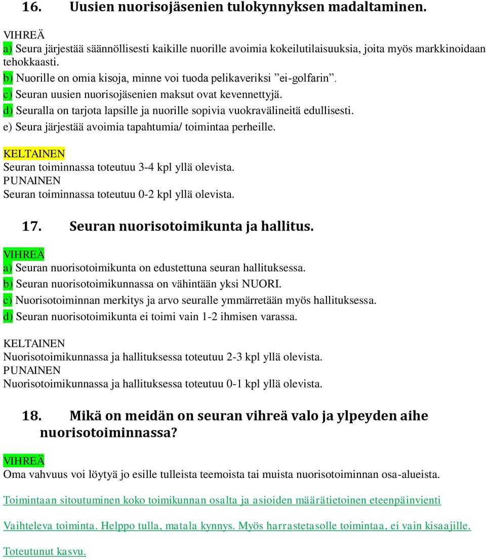 d) Seuralla on tarjota lapsille ja nuorille sopivia vuokravälineitä edullisesti. e) Seura järjestää avoimia tapahtumia/ toimintaa perheille. Seuran toiminnassa toteutuu 3-4 kpl yllä olevista.