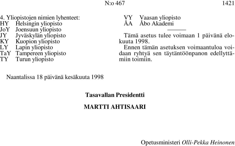 Jyväskylän yliopisto Tämä asetus tulee voimaan 1 päivänä elo- KY Kuopion yliopisto kuuta 1998.