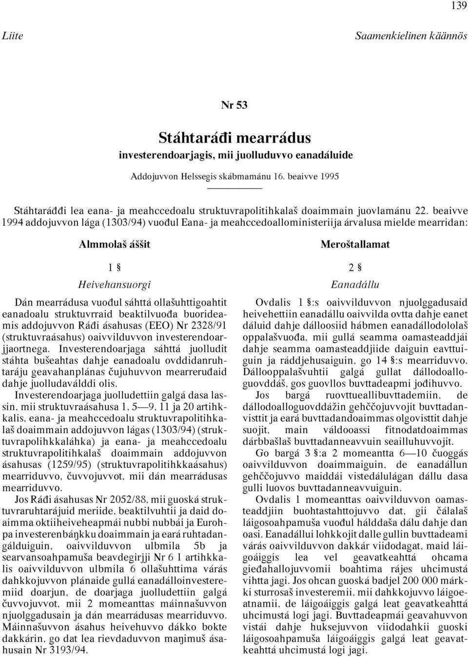 beaivve 1994 addojuvvon lága (1303/94) vuoπul Eana- ja meahccedoalloministeriija árvalusa mielde mearridan: Almmolaª áªªit 1 Heivehansuorgi Dán mearrádusa vuoπul sáhttá ollaªuhttigoahtit eanadoalu