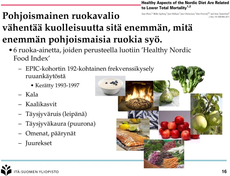 6 ruoka-ainetta, joiden perusteella luotiin Healthy Nordic Food Index EPIC-kohortin