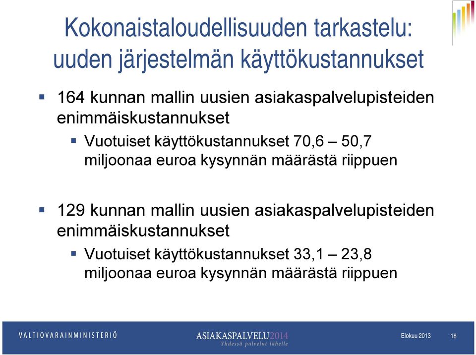 miljoonaa euroa kysynnän määrästä riippuen 129 kunnan mallin uusien asiakaspalvelupisteiden