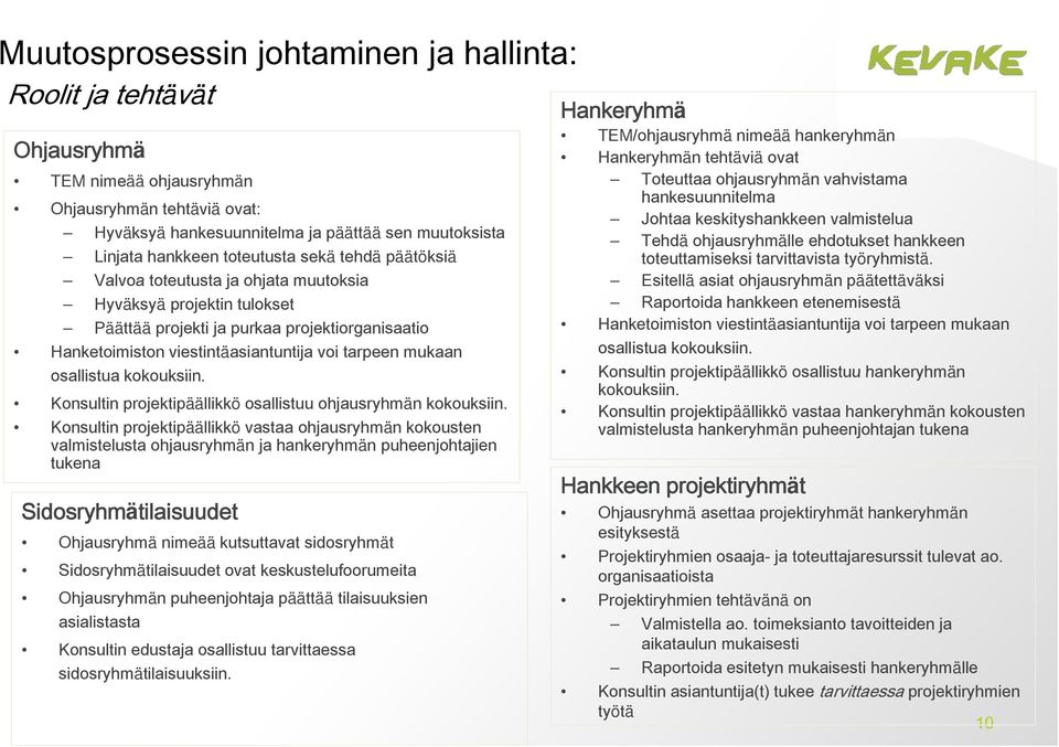 mukaan osallistua kokouksiin. Konsultin projektipäällikkö osallistuu ohjausryhmän kokouksiin.