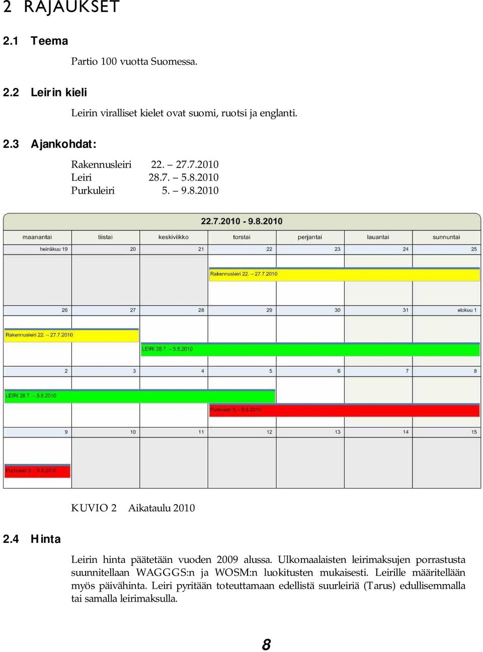 4 Hinta Leirin hinta päätetään vuoden 2009 alussa.