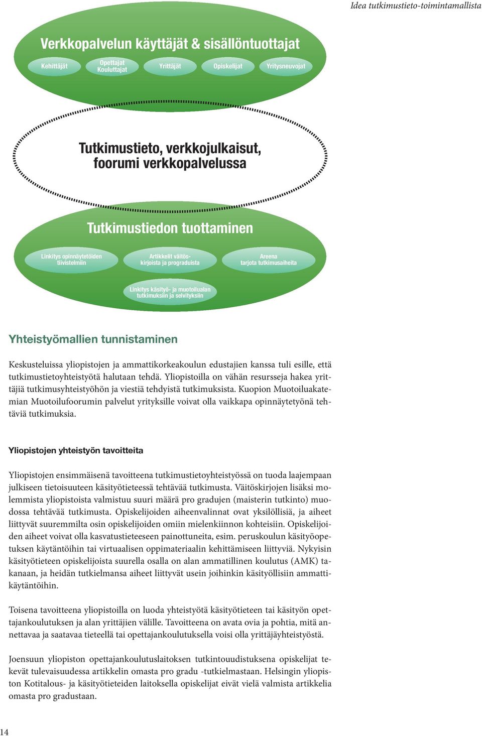 tutkimuksiin ja selvityksiin Yhteistyömallien tunnistaminen Keskusteluissa yliopistojen ja ammattikorkeakoulun edustajien kanssa tuli esille, että tutkimustietoyhteistyötä halutaan tehdä.