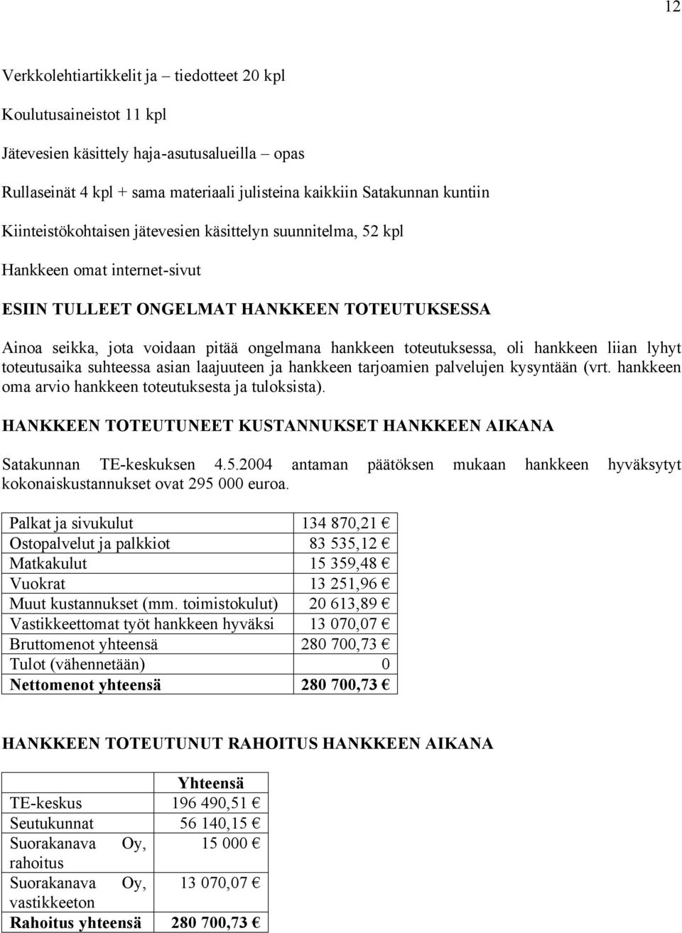 toteutuksessa, oli hankkeen liian lyhyt toteutusaika suhteessa asian laajuuteen ja hankkeen tarjoamien palvelujen kysyntään (vrt. hankkeen oma arvio hankkeen toteutuksesta ja tuloksista).