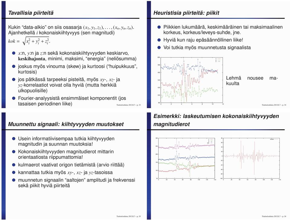 pisteitä, myös xy-, xz- ja yz-korrelaatiot voivat olla hyviä (mutta herkkiä ulkopuolisille) Fourier-analyysistä ensimmäiset komponentit (jos tasaisen periodinen liike) Tiedonlouhinta 2013/L7 p.