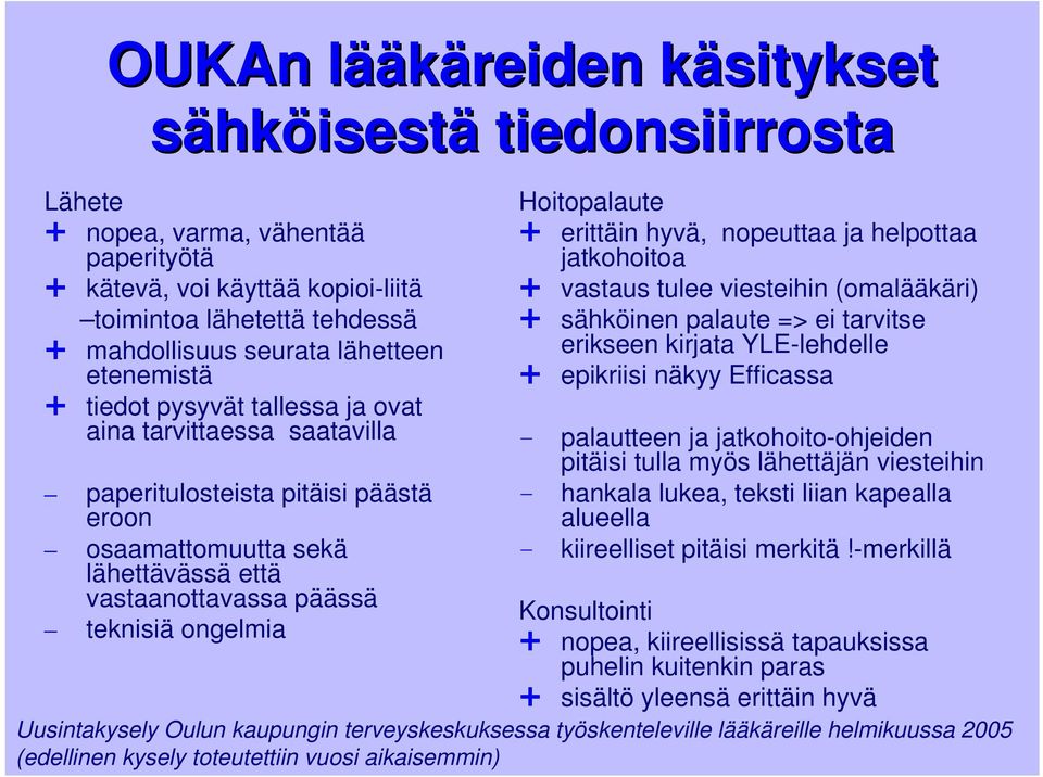 Hoitopalaute erittäin hyvä, nopeuttaa ja helpottaa jatkohoitoa vastaus tulee viesteihin (omalääkäri) sähköinen palaute => ei tarvitse erikseen kirjata YLE-lehdelle epikriisi näkyy Efficassa