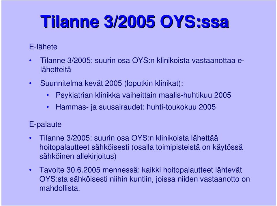 Tilanne 3/2005: suurin osa OYS:n klinikoista lähettää hoitopalautteet sähköisesti (osalla toimipisteistä on käytössä sähköinen