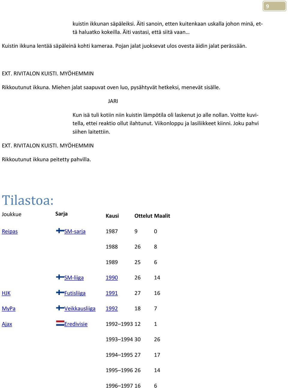 JARI Kun isä tuli kotiin niin kuistin lämpötila oli laskenut jo alle nollan. Voitte kuvitella, ettei reaktio ollut ilahtunut. Viikonloppu ja lasiliikkeet kiinni. Joku pahvi siihen laitettiin. EXT.