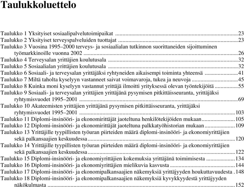 ..32 Taulukko 5 Sosiaalialan yrittäjien koulutusala...32 Taulukko 6 Sosiaali- ja terveysalan yrittäjäksi ryhtyneiden aikaisempi toiminta yhteensä.