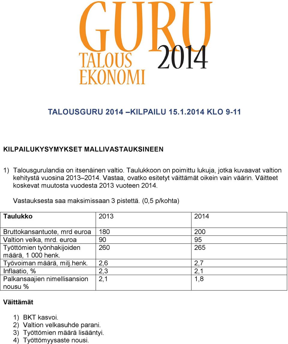 Väitteet koskevat muutosta vuodesta 2013 vuoteen 2014. Vastauksesta saa maksimissaan 3 pistettä.