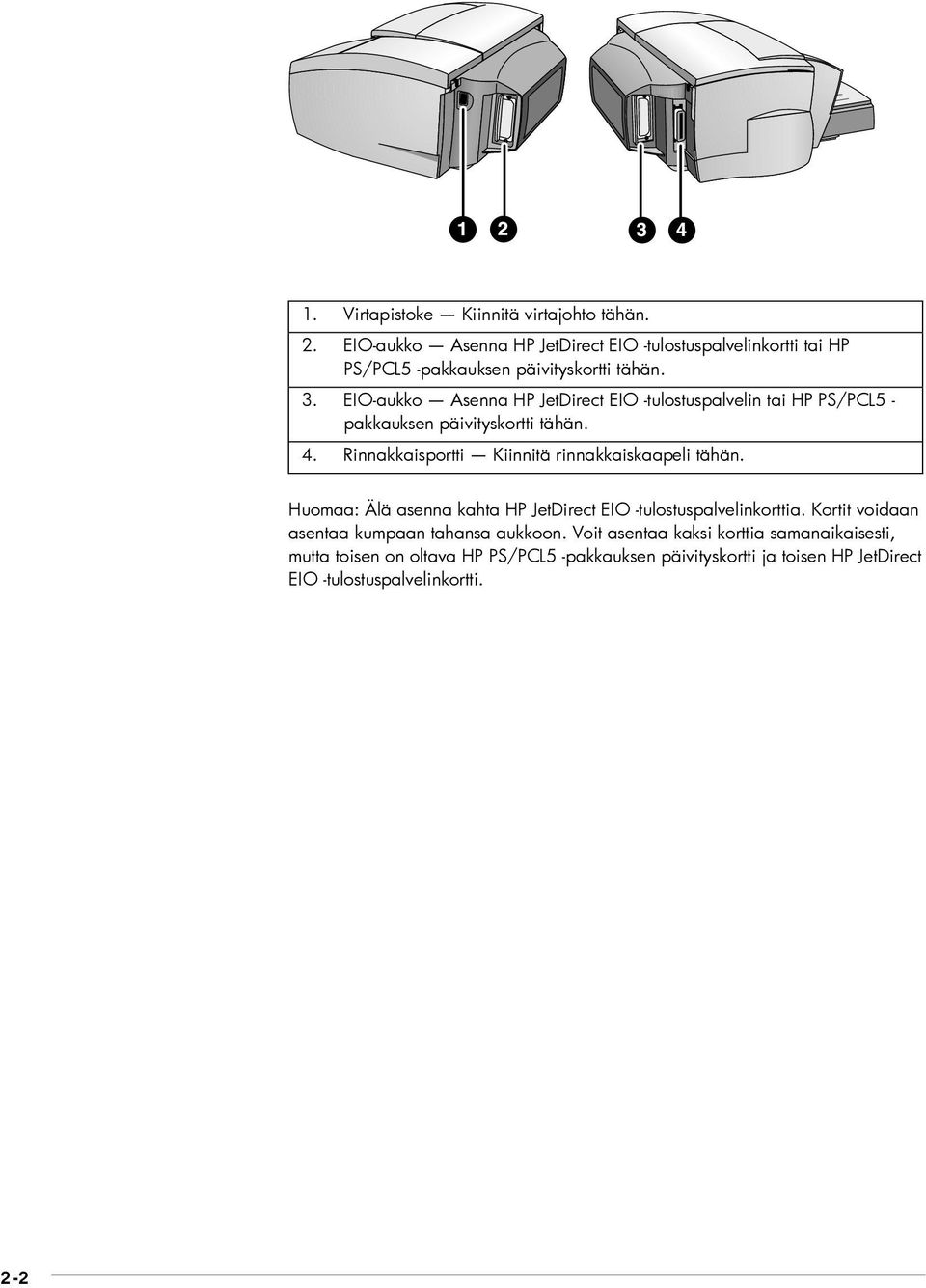 EIO-aukko Asenna HP JetDirect EIO -tulostuspalvelin tai HP PS/PCL5 - pakkauksen päivityskortti tähän. 4.