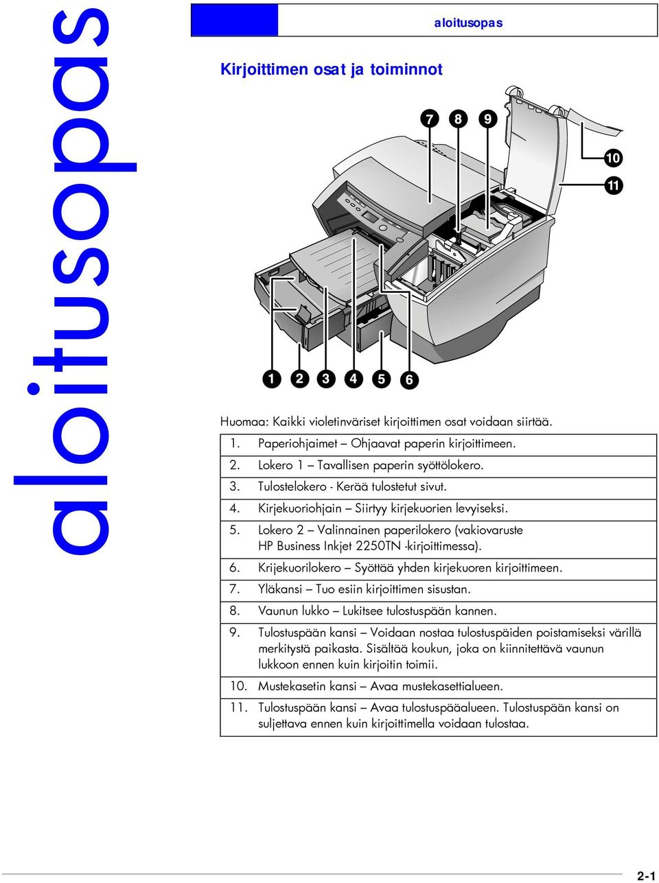 Lokero 2 Valinnainen paperilokero (vakiovaruste HP Business Inkjet 2250TN -kirjoittimessa). 6. Krijekuorilokero Syöttää yhden kirjekuoren kirjoittimeen. 7. Yläkansi Tuo esiin kirjoittimen sisustan. 8.