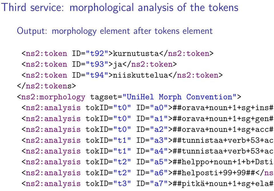 tokid="t0" ID="a1">##orava+noun+1+sg+gen# <ns2:analysis tokid="t0" ID="a2">##orava+noun+1+sg+acc# <ns2:analysis tokid="t1" ID="a3">##tunnistaa+verb+53+ac <ns2:analysis tokid="t1"