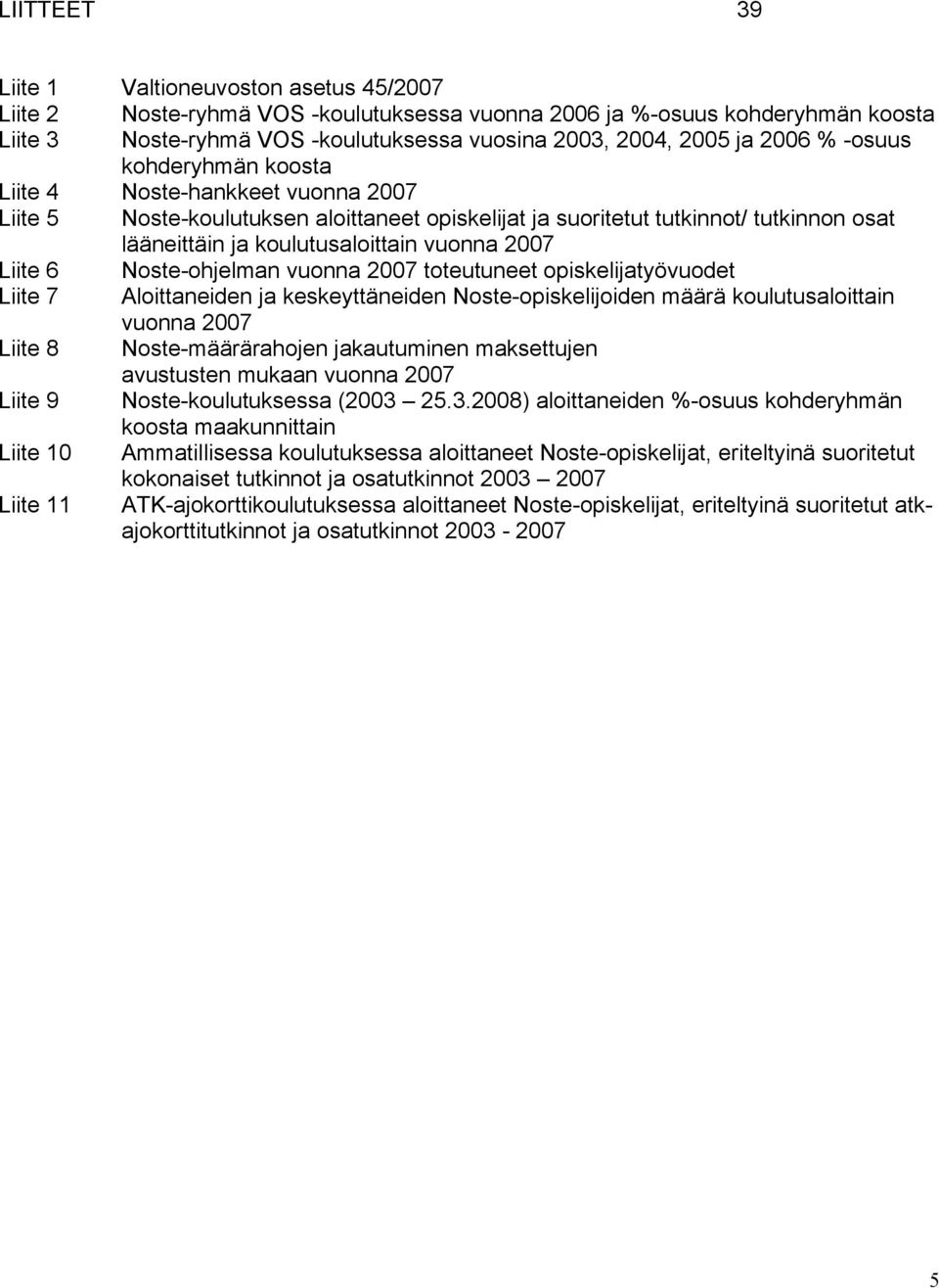 2007 Liite 6 Noste-ohjelman vuonna 2007 toteutuneet opiskelijatyövuodet Liite 7 Aloittaneiden ja keskeyttäneiden Noste-opiskelijoiden määrä koulutusaloittain vuonna 2007 Liite 8 Noste-määrärahojen