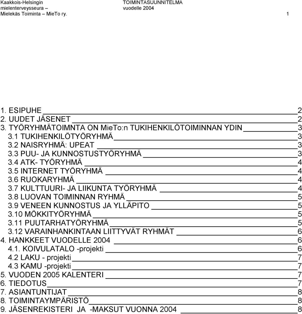 8 LUOVAN TOIMINNAN RYHMÄ 5 3.9 VENEEN KUNNOSTUS JA YLLÄPITO 5 3.10 MÖKKITYÖRYHMÄ 5 3.11 PUUTARHATYÖRYHMÄ 5 3.12 VARAINHANKINTAAN LIITTYVÄT RYHMÄT 6 4.