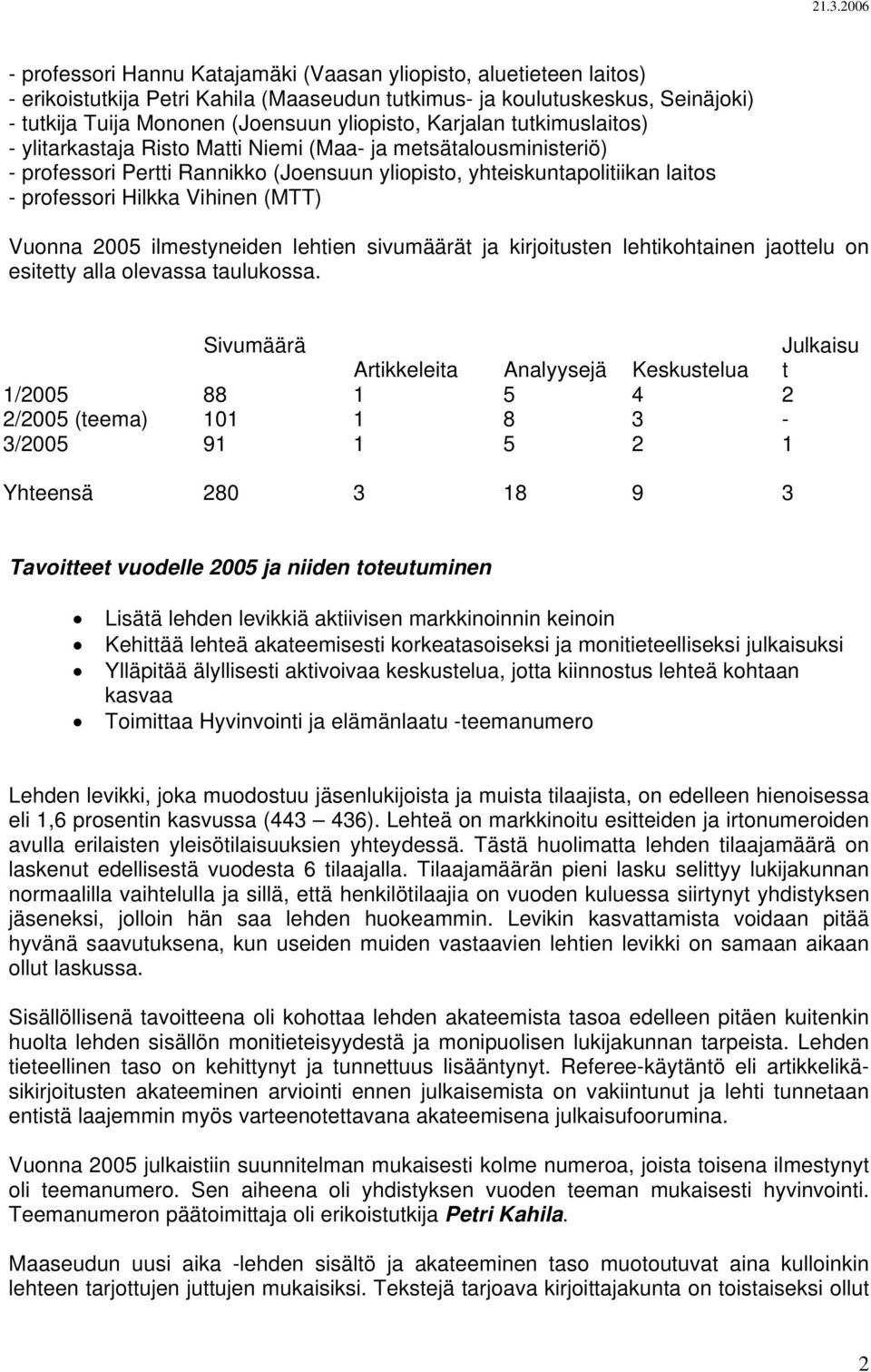 (MTT) Vuonna 2005 ilmestyneiden lehtien sivumäärät ja kirjoitusten lehtikohtainen jaottelu on esitetty alla olevassa taulukossa.